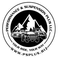 A black and white logo of performance & suspension plus llc.